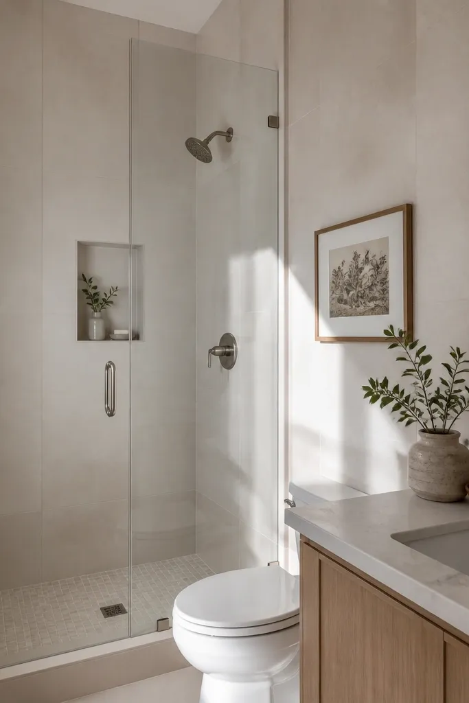 A small full bathroom has large-format tiles in a light cream tone. The grout lines are vertical, creating a tall effect. A small recessed niche is built into the wall and finished with a matching tile. The shower door is clear and the hardware is brushed nickel.