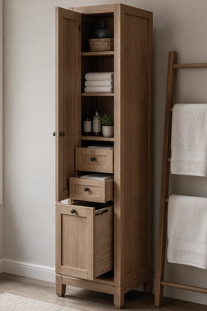 A narrow bathroom corner has a tall white linen cabinet with a pull-out hamper at the bottom. Beside it is a small towel ladder with three rungs in natural wood. The vanity is compact and the mirror is rectangular with a thin frame. The walls are warm white with a subtle matte finish.