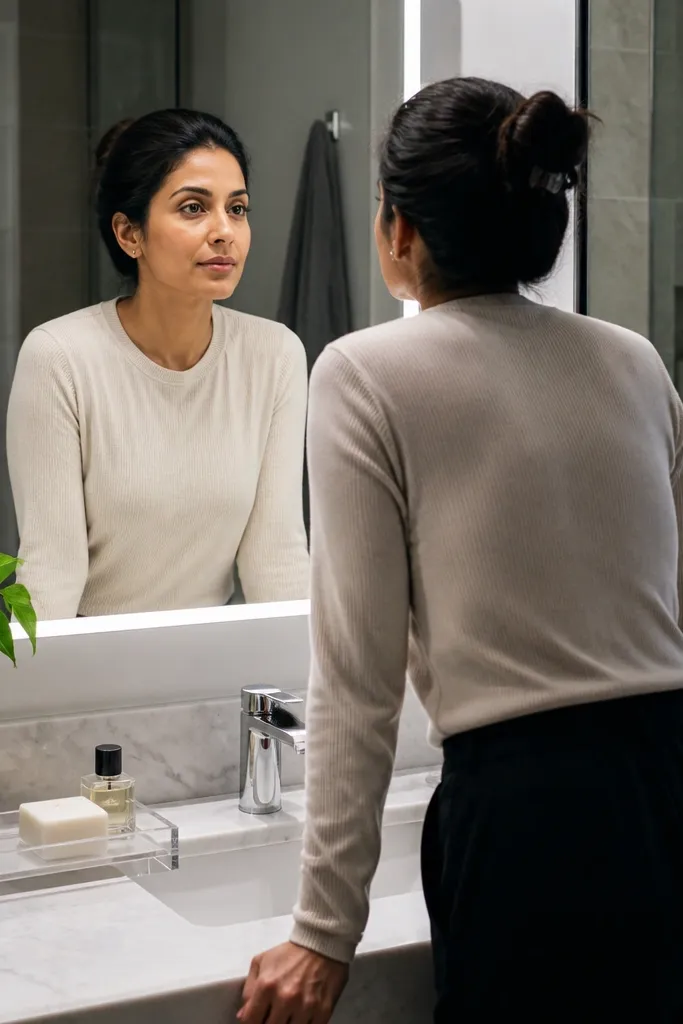 A small full bathroom shows a backlit mirror with a thin aluminum frame. The light glows evenly around the mirror edges. On the vanity, there's a clear acrylic tray holding a soap pump and a toothbrush cup. The counter is white quartz and the walls are warm off-white.