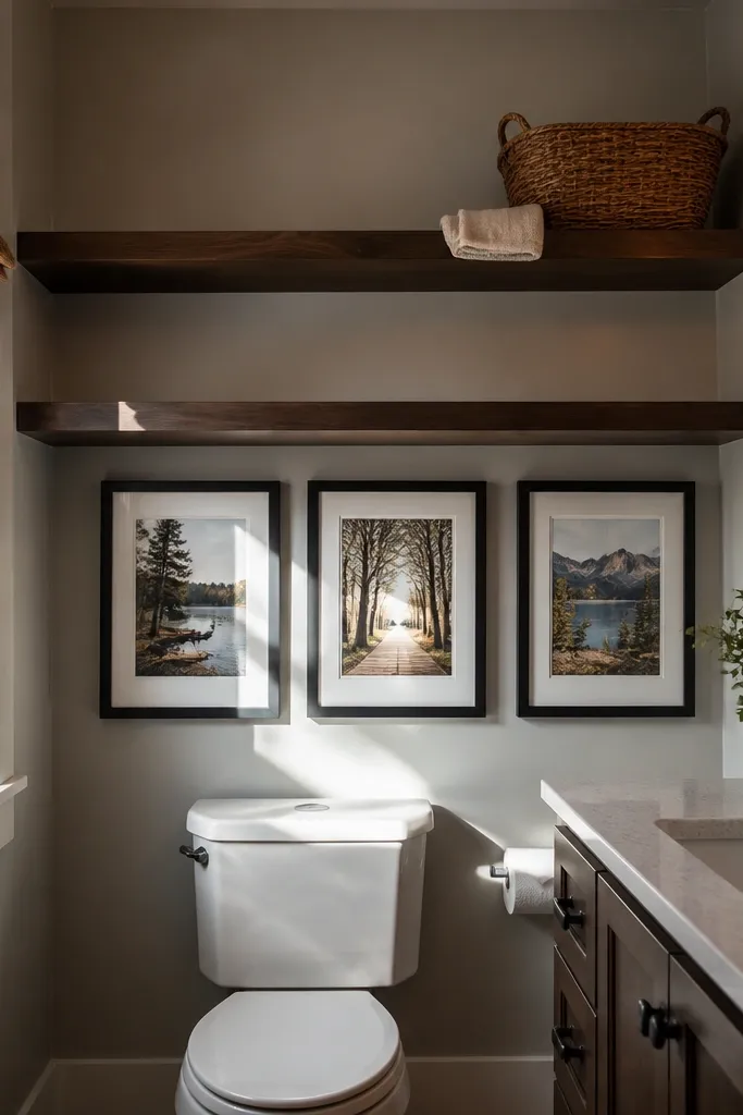 Above the toilet, two floating shelves hold neatly folded towels in matching baskets. Below the shelves, a single vertical framed print hangs on the wall. The shelf finish is light oak, and the wall is painted a soft warm white. The toilet paper is on a wall holder nearby.