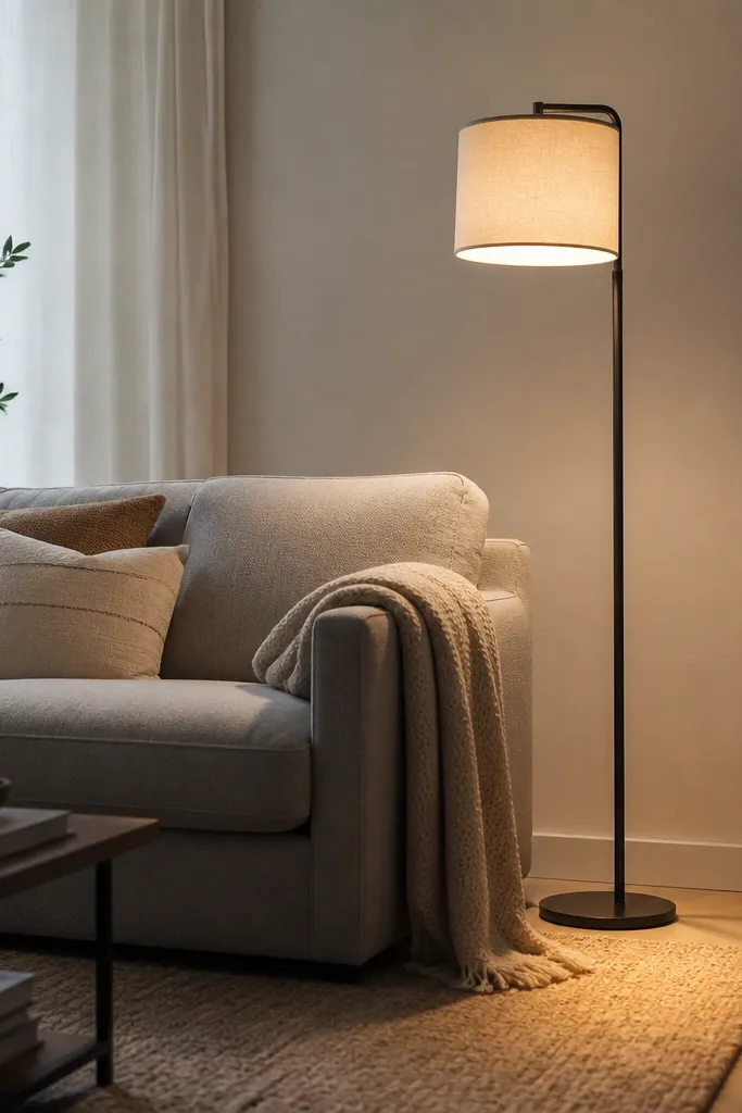A small apartment living room corner with a light grey sofa. A floor lamp stands beside it with a cream fabric drum shade. The lamp casts a warm cone of light across a textured beige rug; a knit throw in oatmeal sits over the sofa arm.
