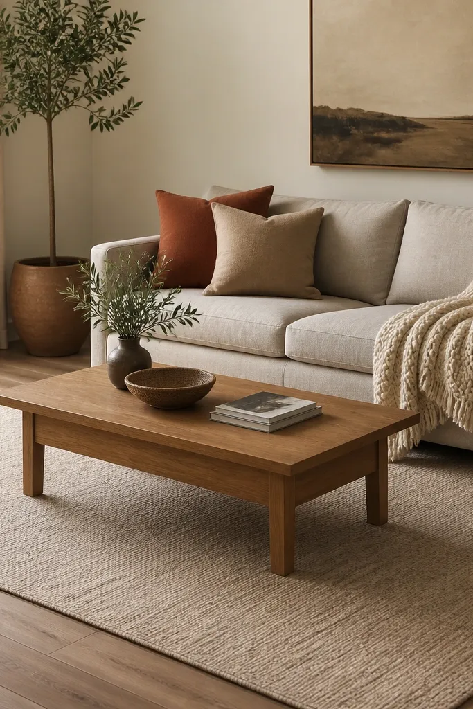 A living room with a medium oak coffee table and a 6x9 area rug in warm beige. The sofa sits so the rug extends under the front legs. A chunky cream throw lies on the sofa and two cushions are in terracotta and sand.
