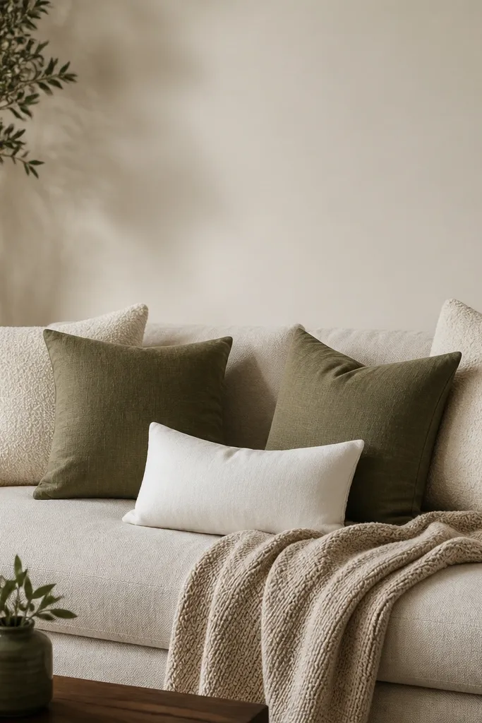 A sofa dressed with four cushions: two 20x20 squares in cream boucle, two 18x18 squares in olive linen. A small lumbar pillow in white sits under a knit throw; the wall behind is warm off-white.