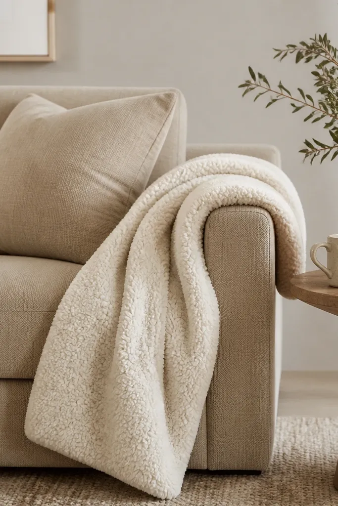 A light tan sofa with a faux shearling throw draped over the right arm. The throw has a white, fluffy pile and a soft backing. A small wooden side table holds a ceramic mug and a candle.