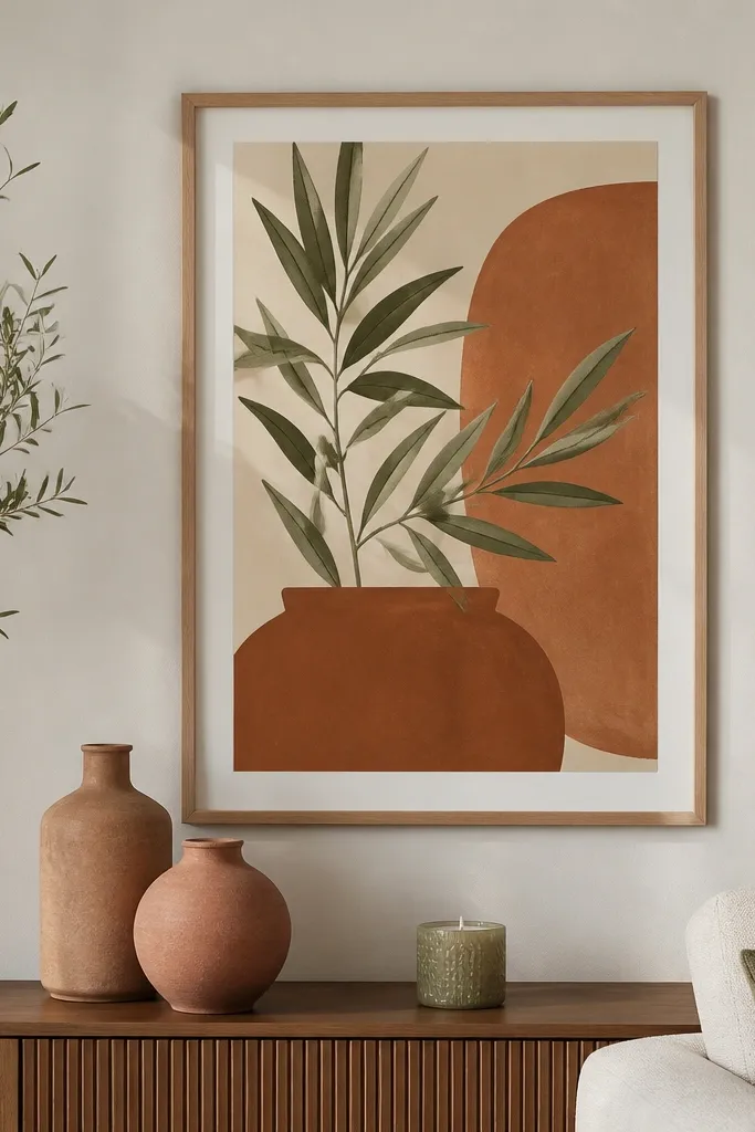A living room wall in warm white. A large framed art print shows olive leaves and terracotta shapes. A small console below holds two ceramic vases in muted terracotta and a textured sage candle.