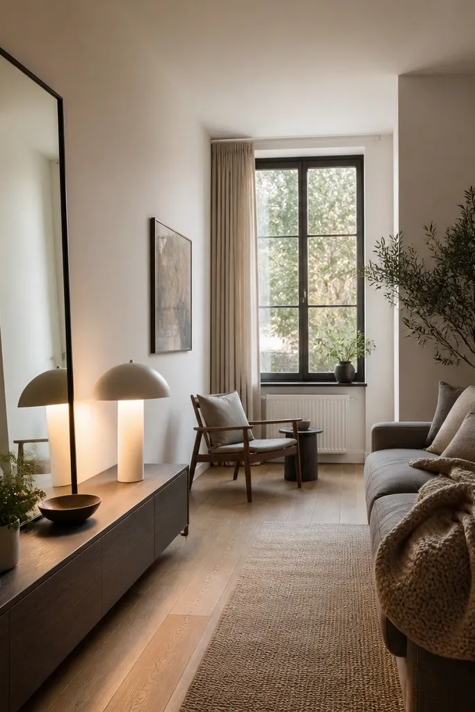 A long narrow living room with a slim black-framed mirror leaning or mounted above a low console. Warm light from a nearby lamp reflects into the room. The sofa is grey with a knit throw and a small plant on the console.
