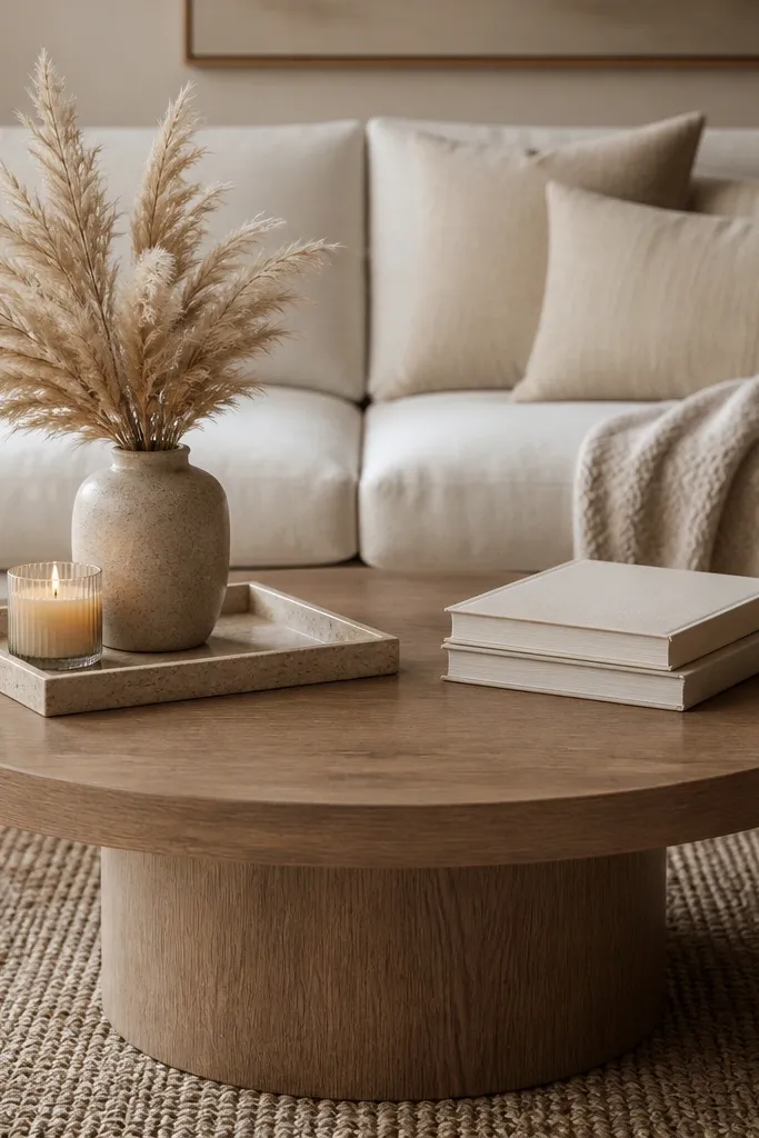 A round wood coffee table with three items: a rectangular tray, a ceramic vase with dried pampas, and a stack of two books. A small candle sits on the tray. The sofa behind is dressed with neutral cushions and an oatmeal throw.
