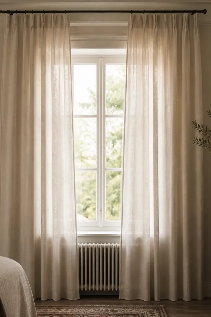 A window with floor-length linen curtains in warm cream. The curtain rod is mounted higher than the window frame. A radiator sits below, and the curtain fabric skims over it without pooling.
