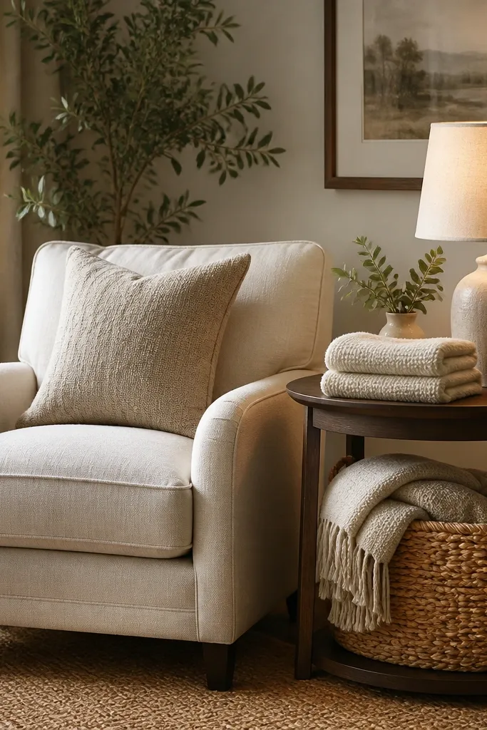 A cosy corner with an armchair in oatmeal fabric. A small round side table holds a warm lamp and a knit blanket folded neatly. A woven basket sits under the table with extra throws.