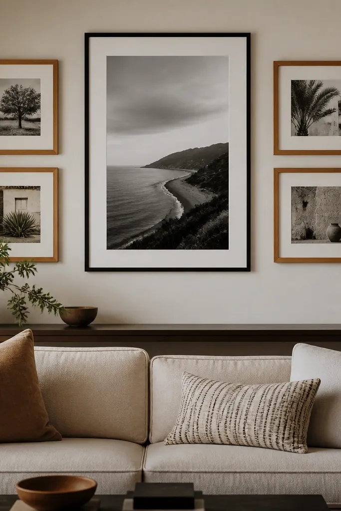 Above a sofa, one large black-and-white photo frame sits centered. Around it are four smaller frames in warm wood, arranged in a loose grid. The walls are warm off-white and a slim console sits below with a plant.