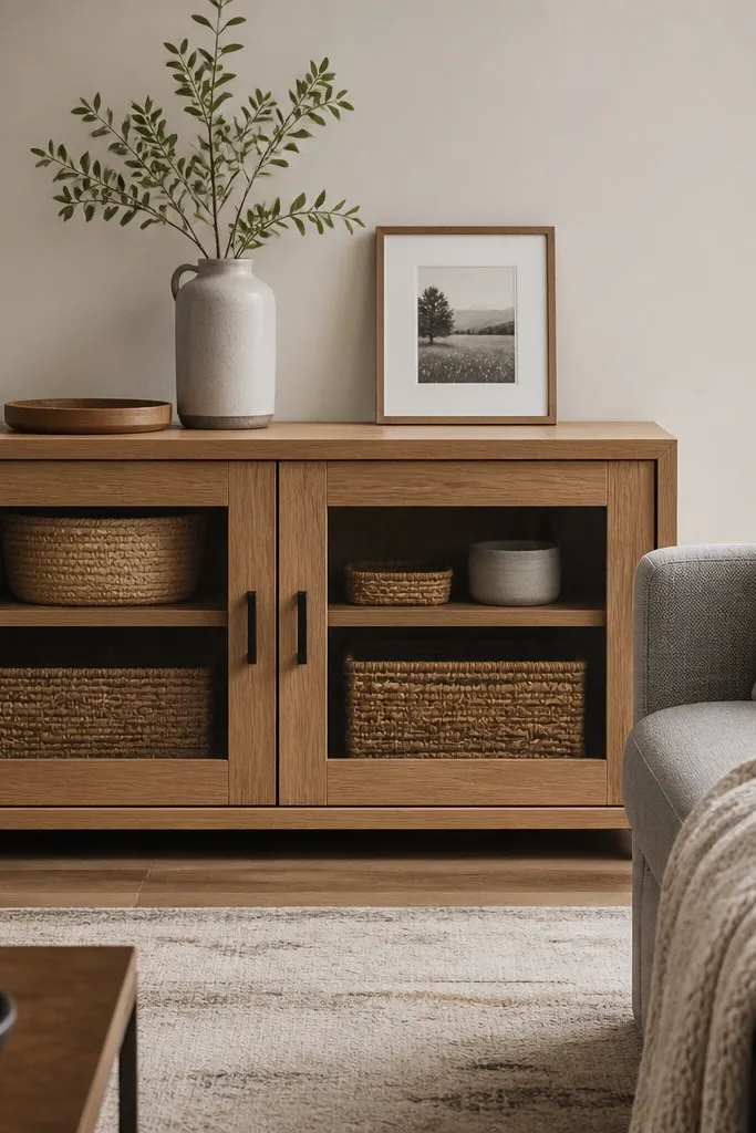 A low sideboard with two doors in warm oak. Inside are neatly placed baskets. On top sits a small tray, a ceramic vase, and a single framed photo. The sofa is grey with a knit throw.