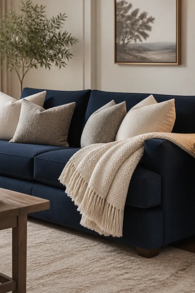 A navy sofa with two warm white knit throws folded into a layered look. Cushions are in cream and light grey. The lighting is warm from a table lamp with a beige shade, and the floor rug is light beige with a subtle pattern.