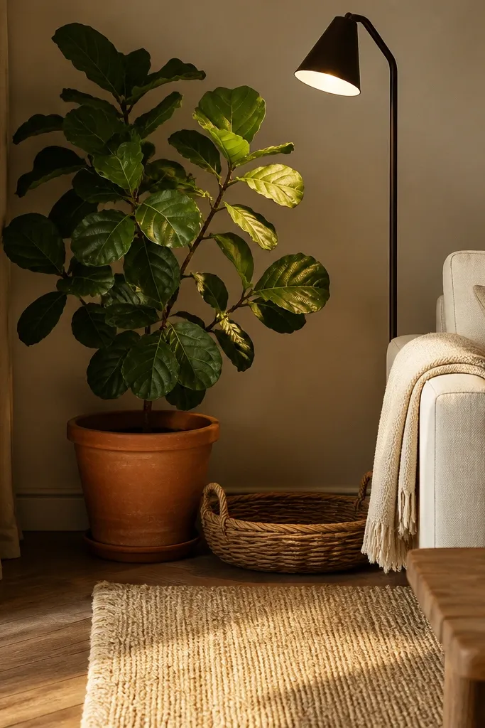 A corner next to the sofa with a tall leafy plant in a terracotta pot. A small woven basket sits on the floor beneath the pot. A lamp with a warm bulb casts light across the plant leaves and a textured beige rug.