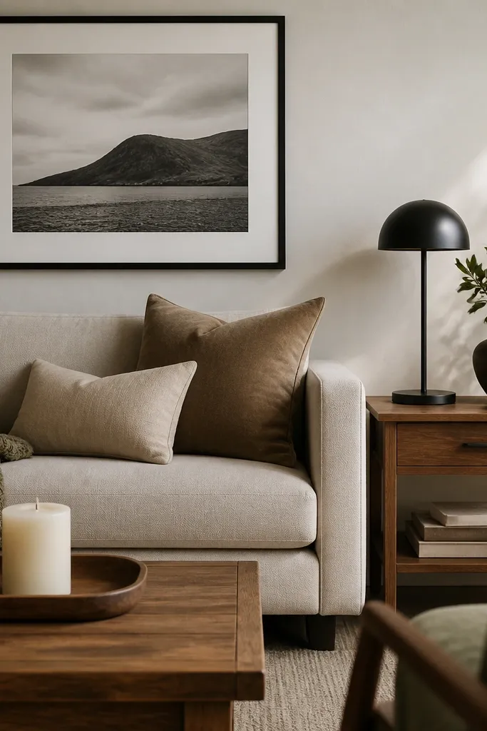 A living room with warm oak side table and a matte black metal lamp. A black-framed photo hangs above. The coffee table is wood with a simple tray and a cream candle.
