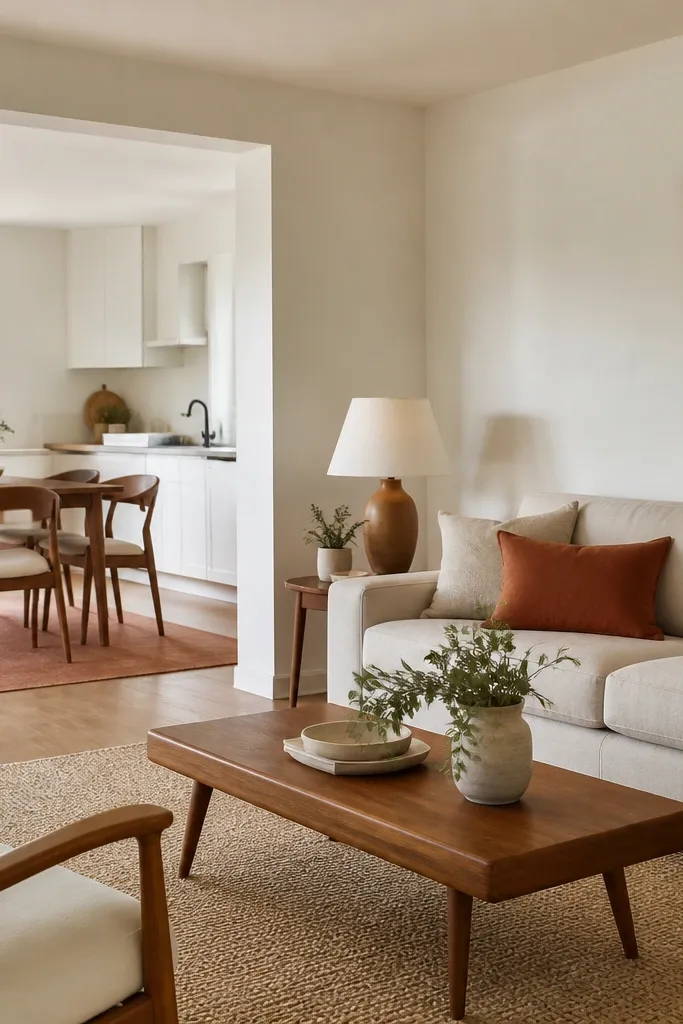 An open-plan apartment where the dining chairs have warm wood. The living room has matching warm wood in a coffee table and a lamp base. A terracotta runner or cushion ties the spaces together; the walls are warm white.