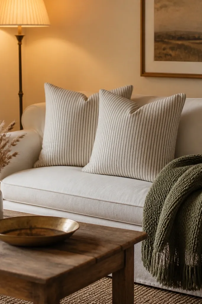 A cream slipcovered sofa with two square ticking stripe cushions in off-white and soft grey, plus one moss-green chunky knit throw draped over the arm. The coffee table holds a small white ceramic vase with dried wheat and a brass tray. Warm floor lamp light creates a golden glow on cream walls.
