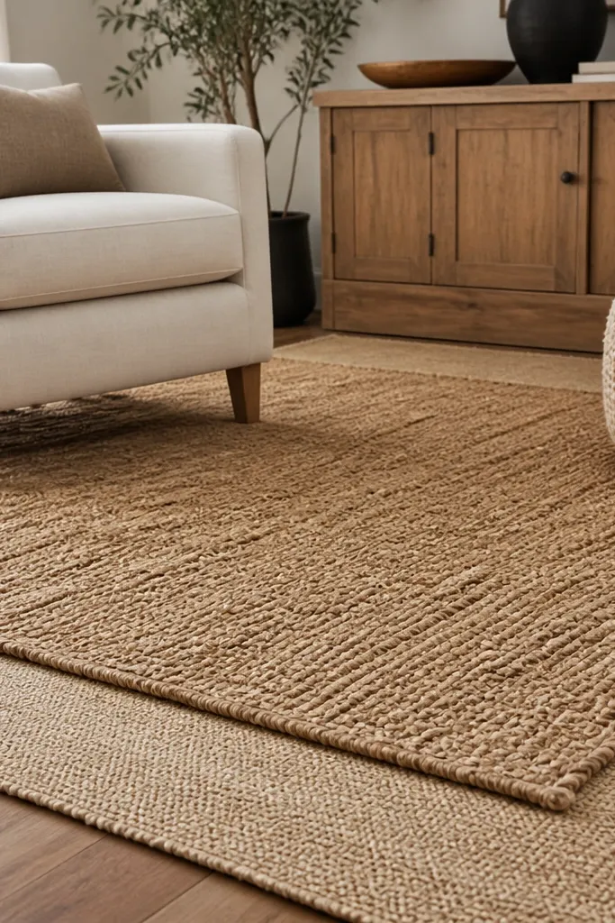 A living room floor with a thin tan sisal rug as the base layer and a larger woven jute rug on top, both in warm natural tones. The edges are slightly uneven, showing texture. A cream armchair sits near the rug and a chunky knit pouf rests at the side.