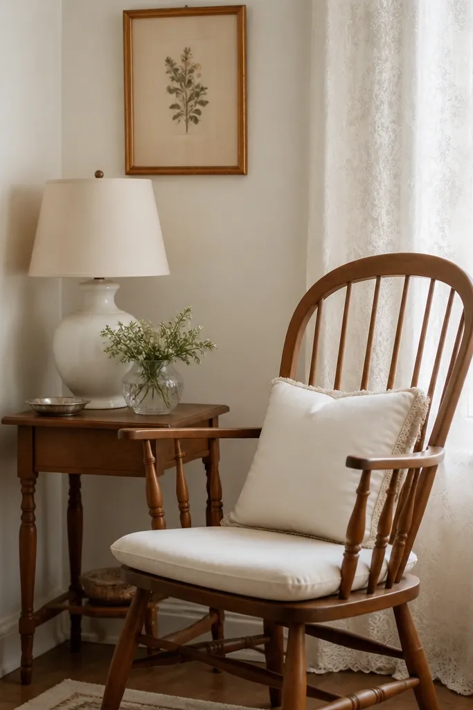 A small corner with a spindle back chair in warm wood, a cream cushion, and a lace curtain panel behind it. A petite side table holds a white table lamp with a fabric shade. The wall is painted warm off-white and there's a small framed botanical print above the table.