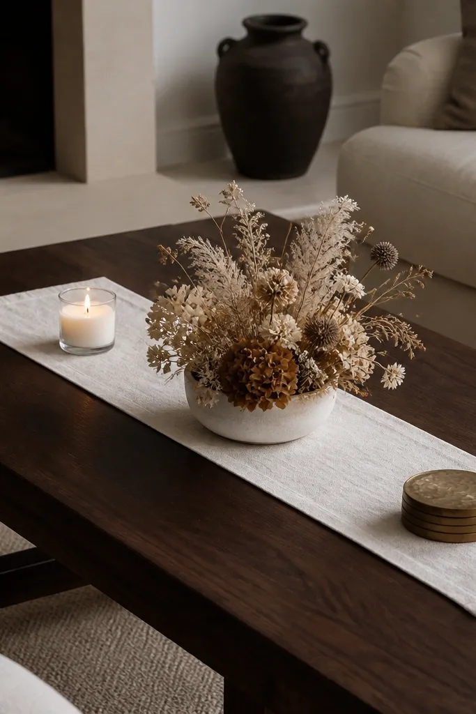 A dark walnut coffee table with a white linen runner placed lengthwise. A low arrangement of dried flowers sits in a matte white ceramic bowl. There's a small candle in a glass jar on one end and a brass coaster stack on the other.