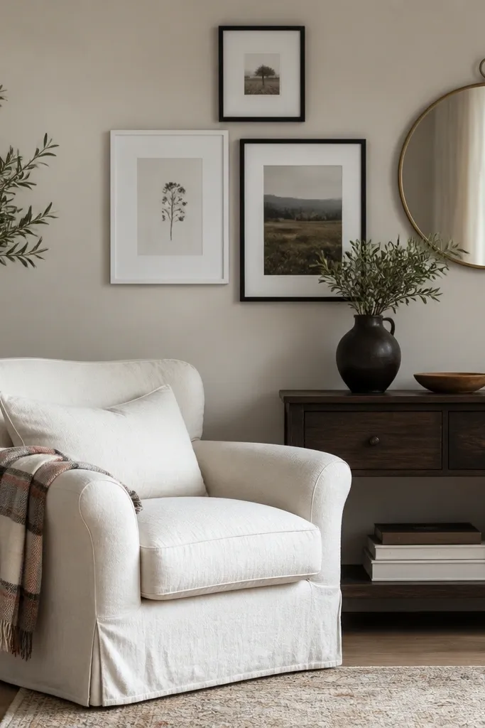 An off-white slipcovered armchair with a wool plaid throw draped over the arm. Above a side console, there's a small gallery wall of three framed prints in white and black frames. A small round mirror hangs slightly off-center to the right.