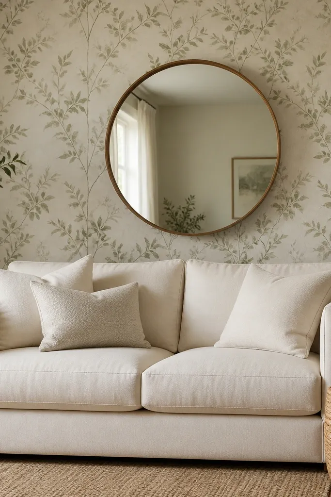 A living room wall behind a sofa has subtle green botanical wallpaper. The sofa is cream with plain cushions. A round mirror with a thin wood frame hangs above the sofa back. A woven basket sits on the floor beside the sofa.