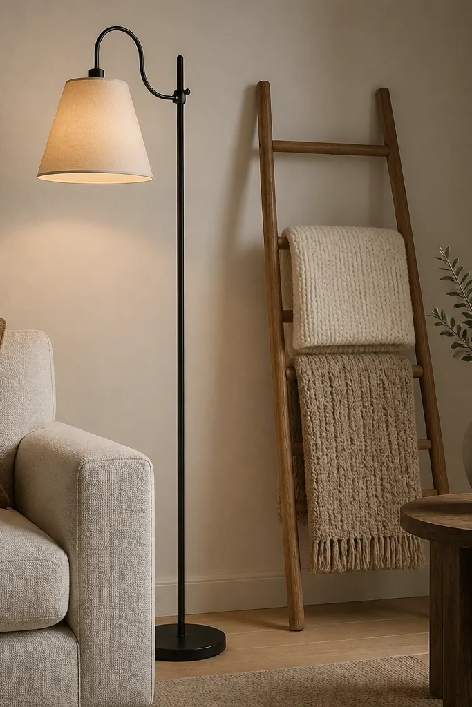 A black iron floor lamp stands next to a sofa, its cream fabric shade glowing warmly. Leaning against the wall is a small wooden throw ladder holding folded knit blankets in cream and oat. A side table has a ceramic vase and a single candle.