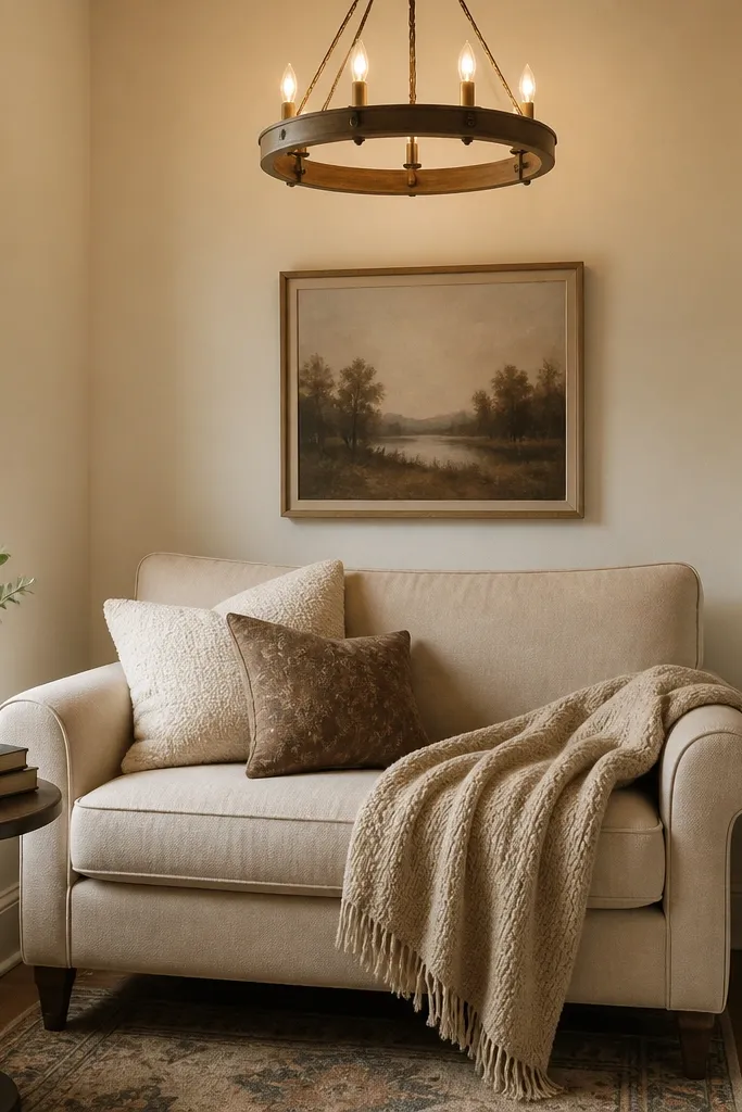 A reading nook with a small loveseat and a throw blanket. Above it hangs a round chandelier with warm-toned bulbs and a slightly rustic finish. The walls are painted warm cream and there's a small side table with a book stack.