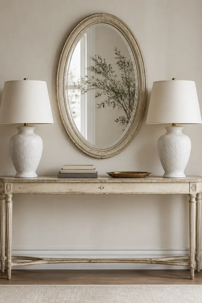 A slim vintage console table in distressed cream. Above it is a large oval mirror with a lightly aged frame. On each side of the mirror sits a ceramic table lamp in matching white with subtle texture. The console has a small stack of books and a single tray.