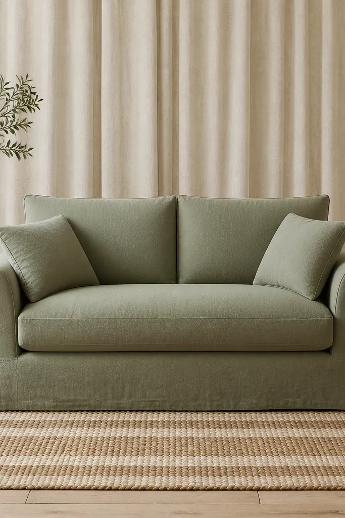 A sage green loveseat facing the camera. Behind it, oatmeal curtains hang straight with slight puddling at the bottom. A braided rug runner lies in front of the seating, with a simple pattern in cream and natural tan.