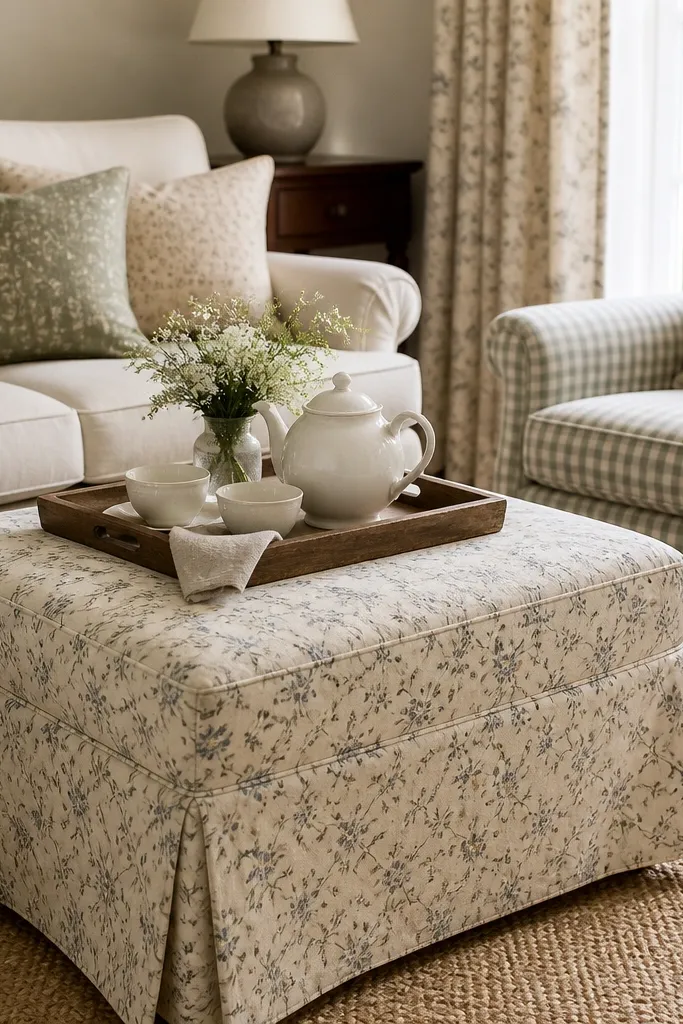 A patterned slipcovered ottoman in muted floral or small check. A wooden tray sits on top with a white teapot, two small cups, and a linen napkin. A sofa and side chair surround the ottoman, creating a tea-time vignette.