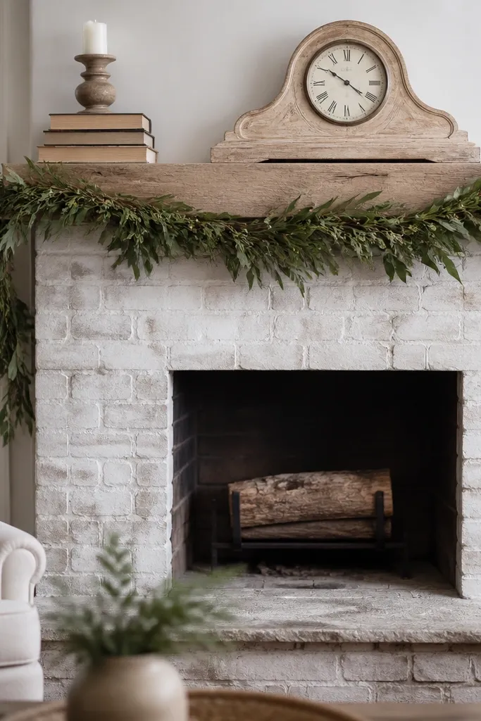 A whitewashed brick fireplace with a simple garland draped across the mantel. On the mantel sits a chunky wooden clock with a distressed finish. A small stack of books and a candle holder sit to one side.