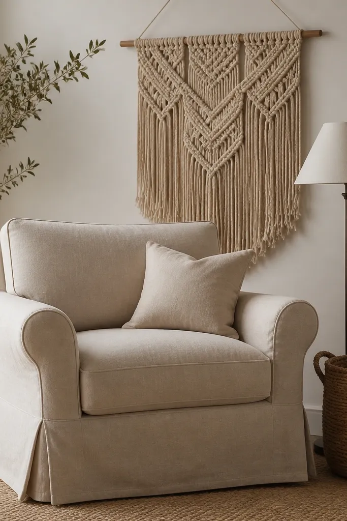 A linen slipcovered armchair in oatmeal. Behind it, a macrame wall hanging in natural cotton hangs at shoulder height. A small floor lamp with a cream shade stands to the side and a woven basket sits near the base.