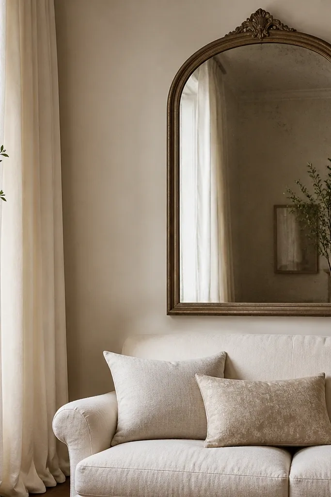 An antique-style arched mirror hangs above a cream sofa. One side shows a floor-length curtain panel in warm white with soft folds. A narrow console table is partly visible with a small vase and a book stack.