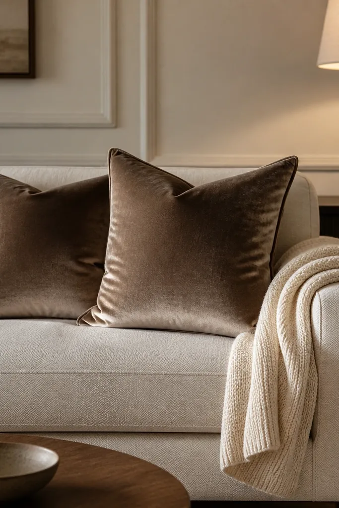 A cream sofa with two mocha velvet pillows that look plush and slightly darker than the sofa. A cream knit blanket is folded and draped over the arm. Warm lamp light makes the velvet catch a soft sheen.