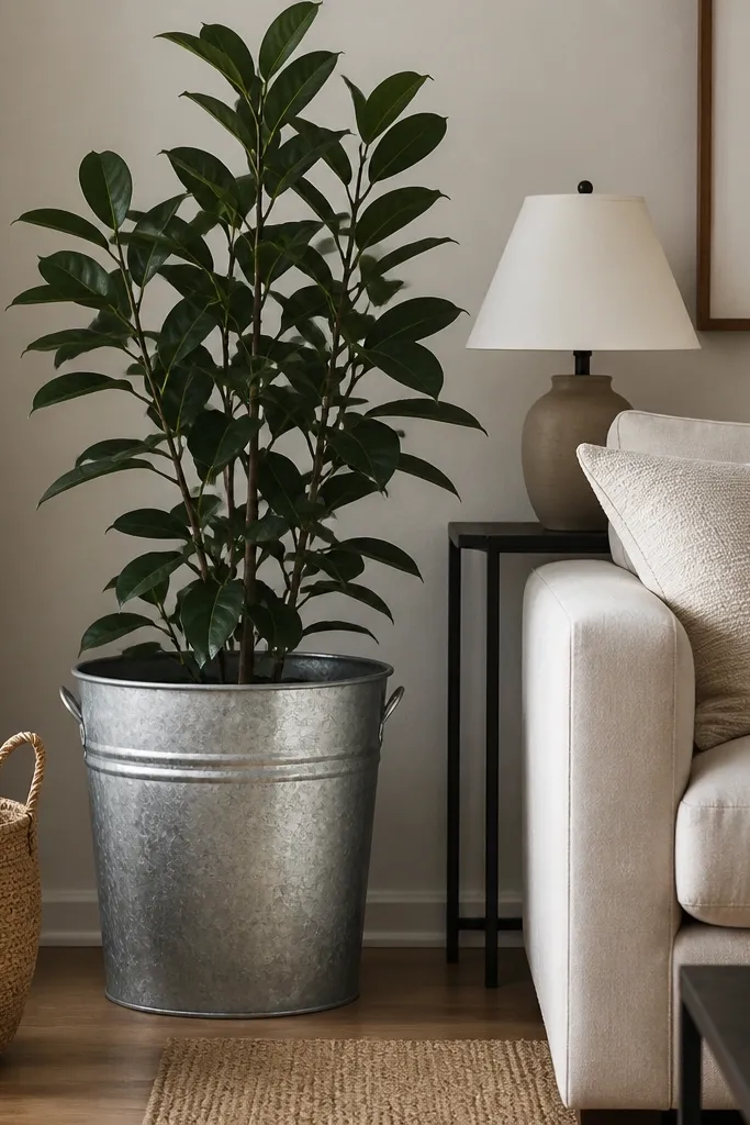 A galvanized metal planter sitting on the floor next to a sofa. It holds a tall, leafy plant with dark green leaves. Nearby is a woven basket and a small side table with a cream lamp shade.