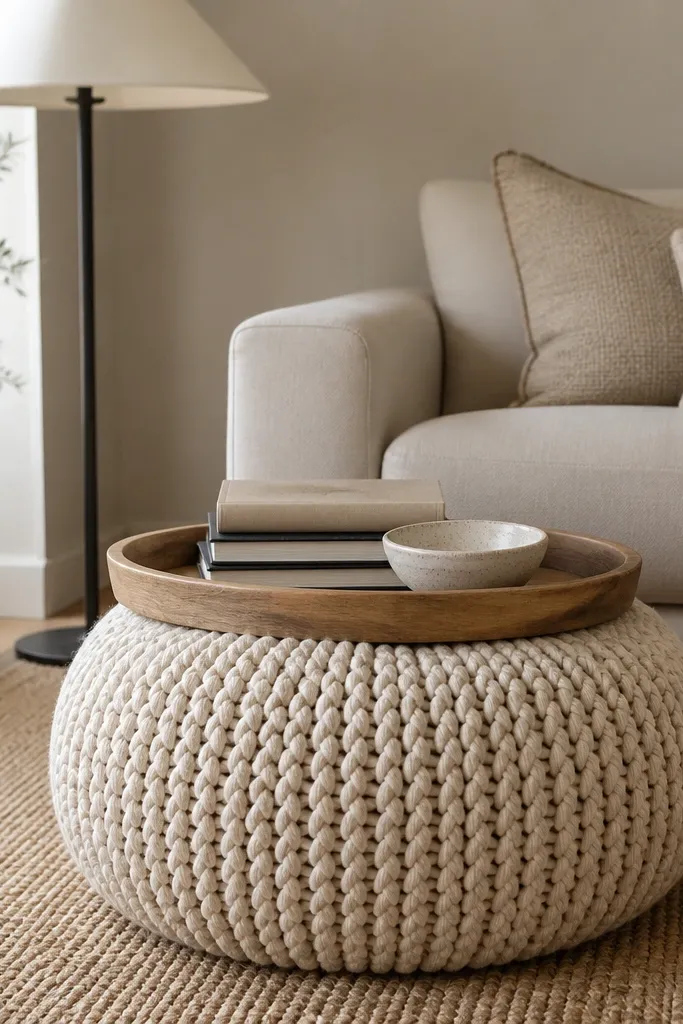 An oatmeal chunky knit pouf sits in front of a sofa. On top of it is a shallow wooden tray holding a book stack and a small ceramic dish. The surrounding area has a woven rug and a floor lamp with a cream shade.