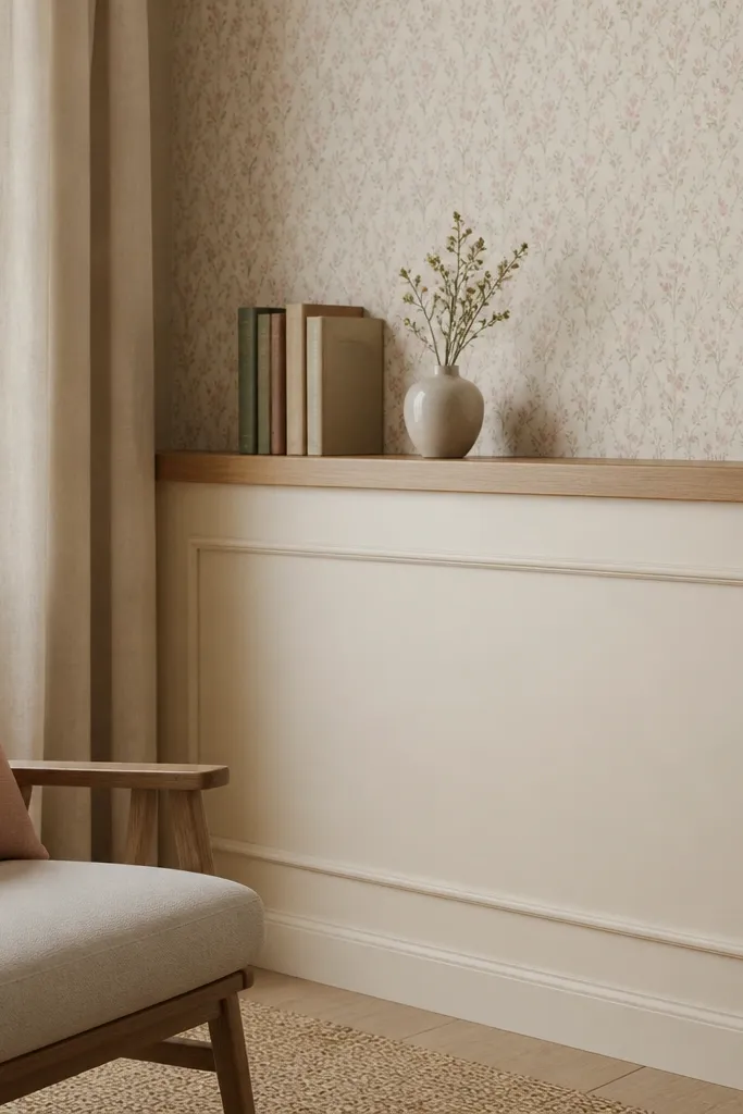 A half wall painted warm cream. The upper half has small floral wallpaper in muted pink and sage. A light wood ledge runs along the wall with a few books and a small vase. Below, the wall is plain painted trim.