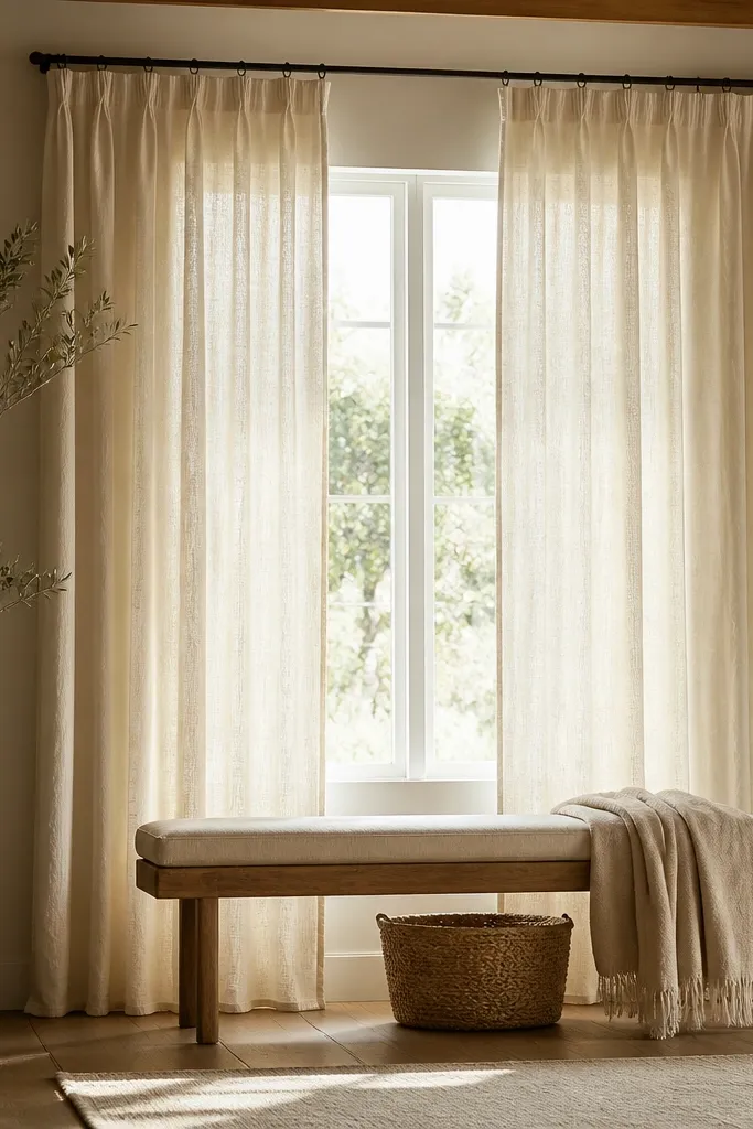 Floor-length linen curtains in warm cream hang from a simple rod across a window. In front of the window is a narrow bench with a wooden frame and a cushion. A wool throw is draped over the bench end and a small basket sits underneath.