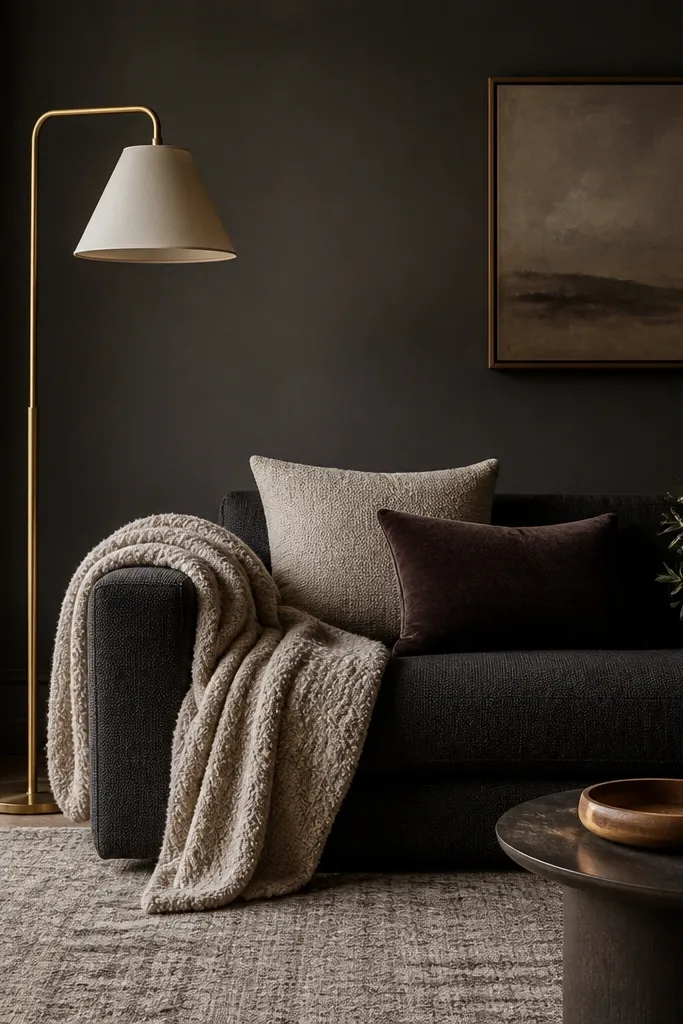 A living room with charcoal-gray painted walls, a tall warm brass floor lamp with a cream shade, a charcoal sofa, and a chunky oatmeal boucle throw draped over one arm. Two pillows show oatmeal and dark chocolate tones, and the rug is a low-contrast woven pattern.