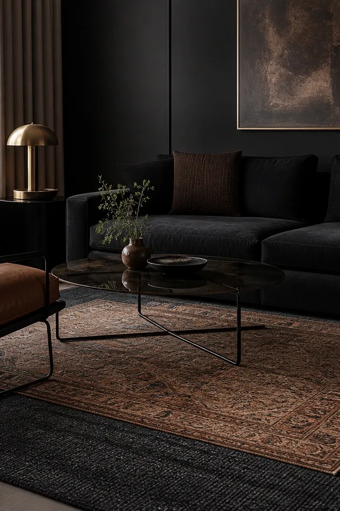 A dark living room with a black sofa, a smoked glass coffee table with black metal legs, and a cinnamon-brown leather accent chair. There are two layered rugs: a dark base rug and a smaller patterned rug in warm brown.