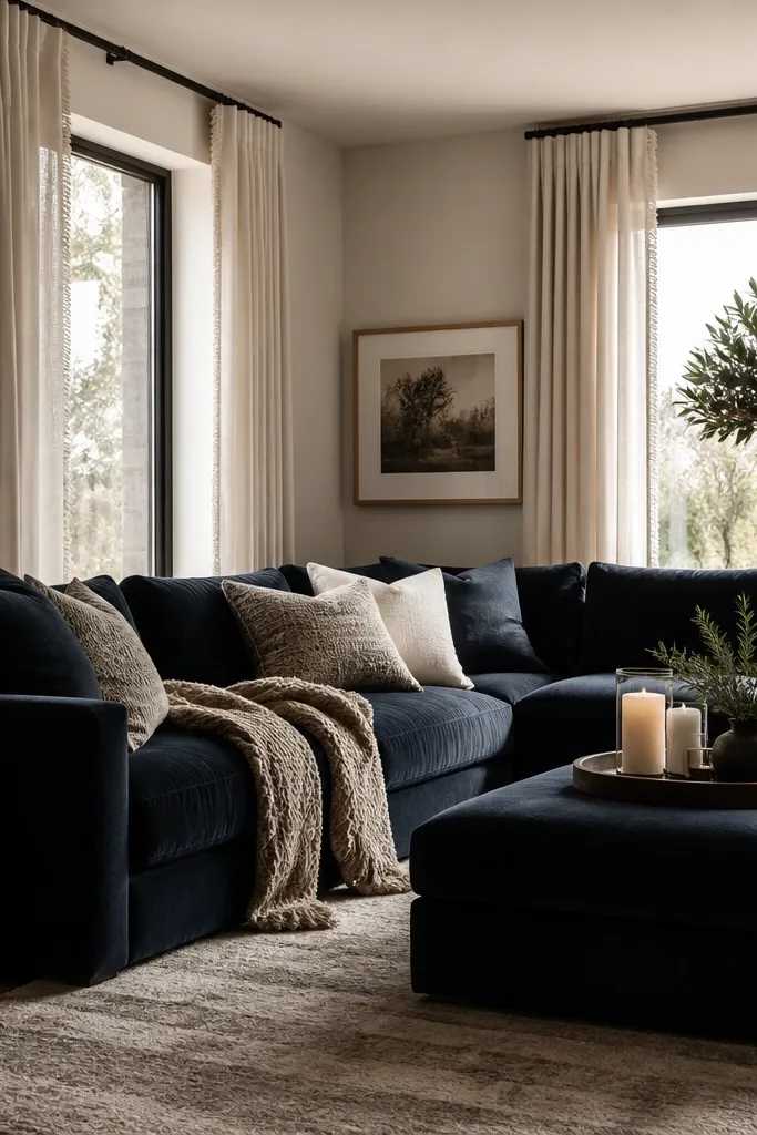 A deep navy/ink sectional in a cozy living room, ivory curtains with subtle fringe hanging from a ceiling track, and a wool rug in smoky taupe. A tray with candles sits on the ottoman, and pillows blend ink, oatmeal, and cream.