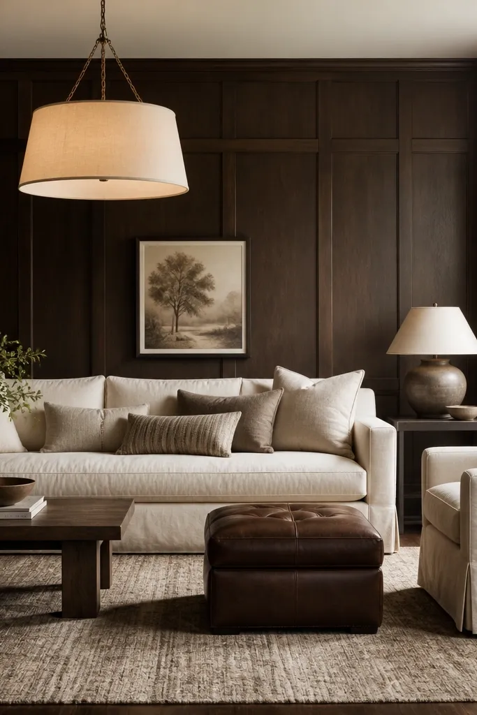 A living room with a dark espresso wood-paneled accent wall, light linen slipcovered sofa, a warm pendant light with a fabric shade, and dark brown leather footstool. A large textured rug anchors the seating area.