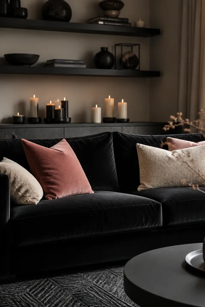 A black velvet sofa with a soft sheen, dusty rose and cream pillows, matte black floating shelves above, and a cluster of candles in different heights on a dark wood console. The rug is dark with a subtle geometric weave.