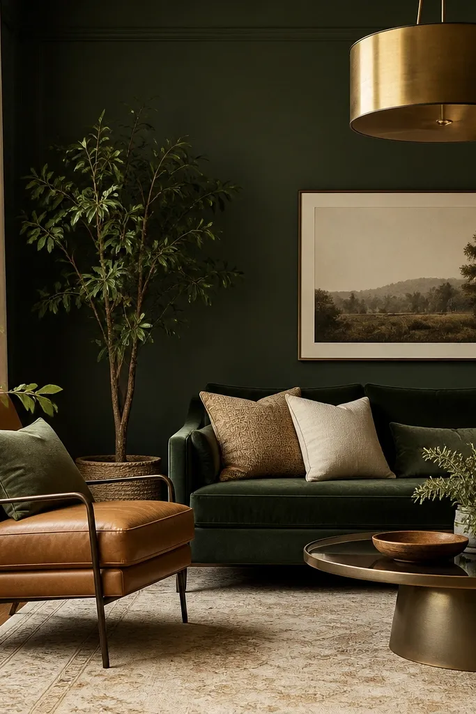 A deep green living room wall, a camel leather chair, a dark green sofa, and a brass drum pendant light. The rug is a warm neutral with a subtle pattern, and pillows mix green, cream, and tan.