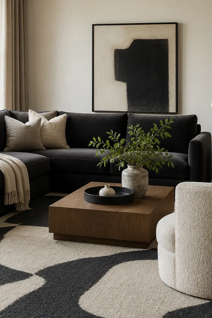 A charcoal sectional, an oversized rug with a large-scale pattern in cream and charcoal, and a neutral boucle accent chair. There's a white ceramic lamp and a small black tray on the coffee table.