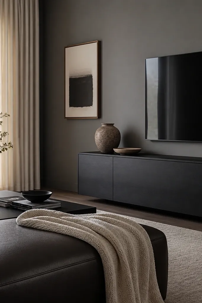 Smoky gray walls, warm white panel curtains with thick folds, a low black media console with cable-free styling, and a dark leather ottoman. A soft knit throw sits on the ottoman.