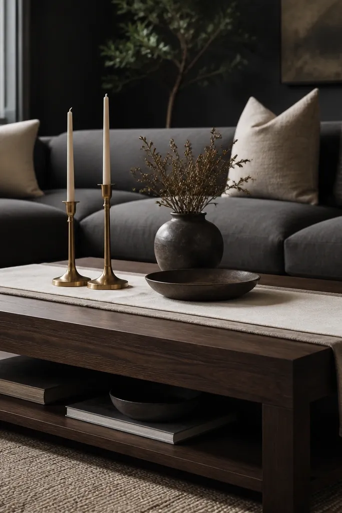 A dark walnut coffee table in a charcoal living room, a layered linen runner in cream and taupe across the center, and brass candlesticks with taper candles. The sofa is deep gray, with pillows in oatmeal and charcoal.