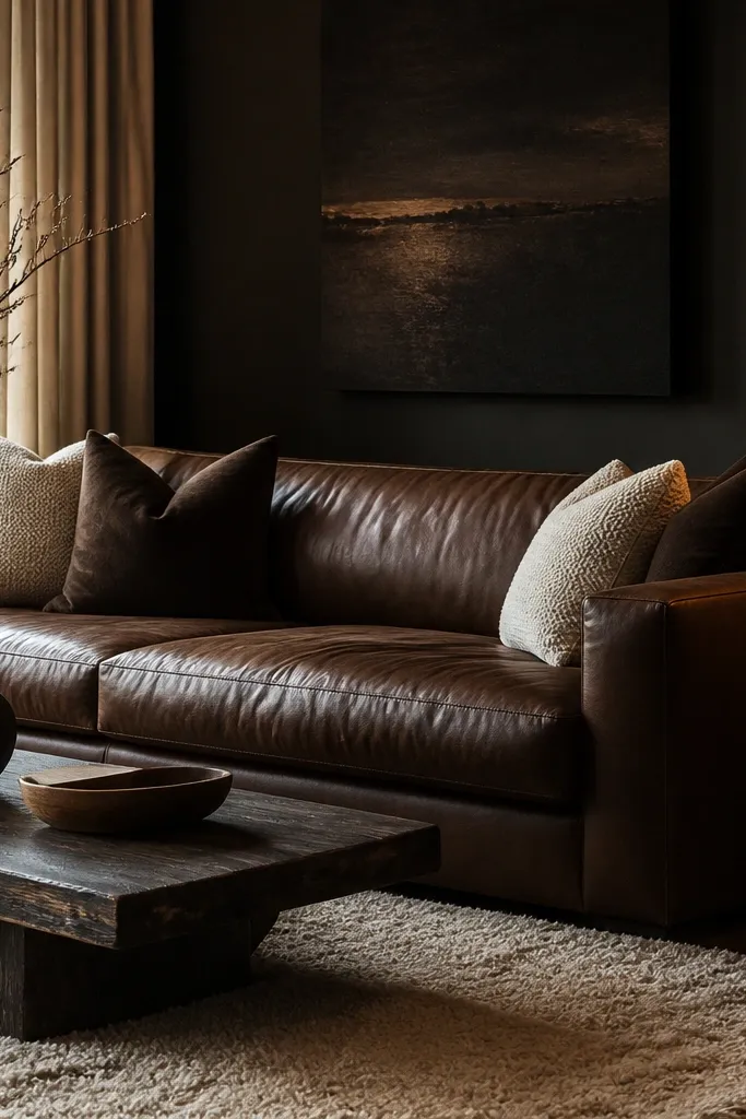 A deep brown leather sofa in a dark living room, a cream shag rug under the coffee table area, and an amber glass table lamp on a side table. Pillows are cream knit and dark brown leather or suede.
