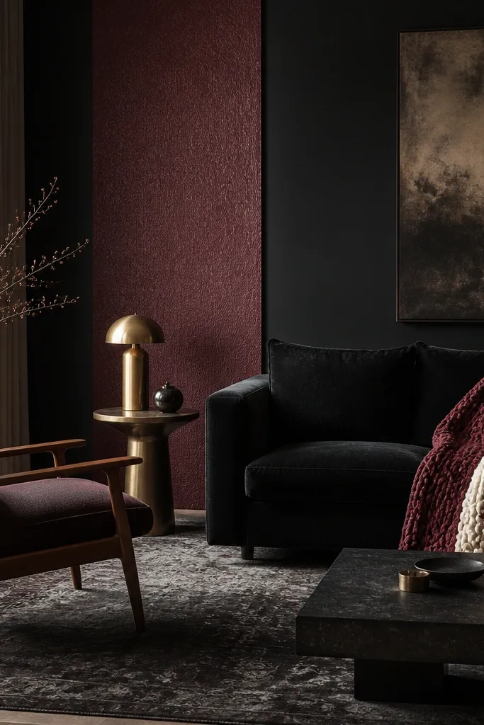 A living room with black walls, an oxblood accent strip of textured wallpaper behind a chair, a black sofa, and a chunky knit throw in oxblood and cream. There's a dark rug with a subtle pattern and a small brass side table.