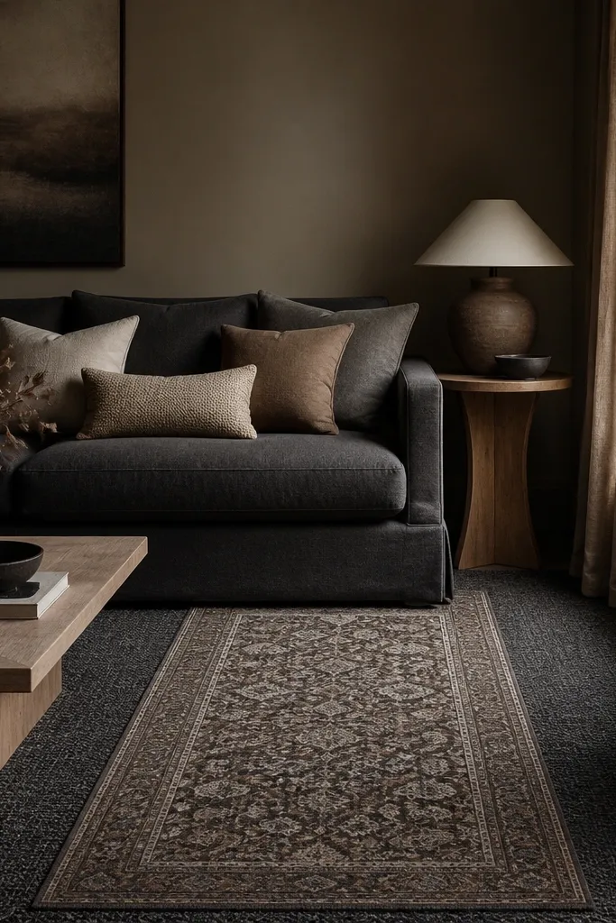 A dark living room with a large charcoal rug, a smaller patterned runner layered on top, warm taupe curtains, and a light wood side table. The sofa is dark gray and pillows are taupe and cream.